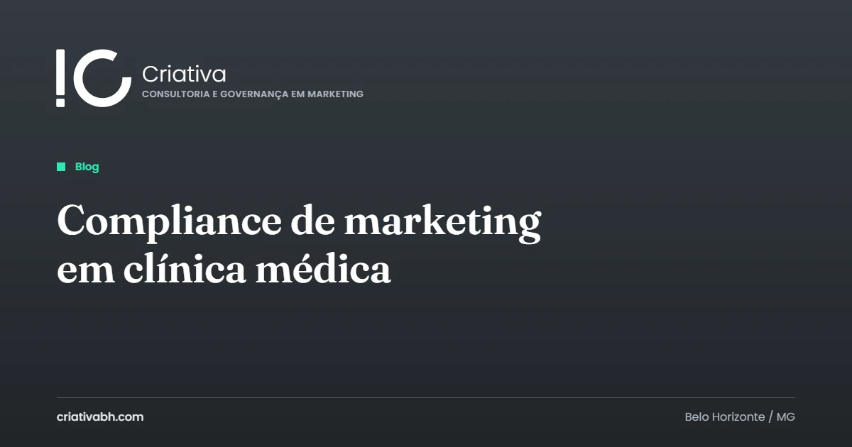 Capa do artigo com o título Compliance de marketing em clínica médica, a marca Criativa e a etiqueta Blog sobre fundo chumbo.